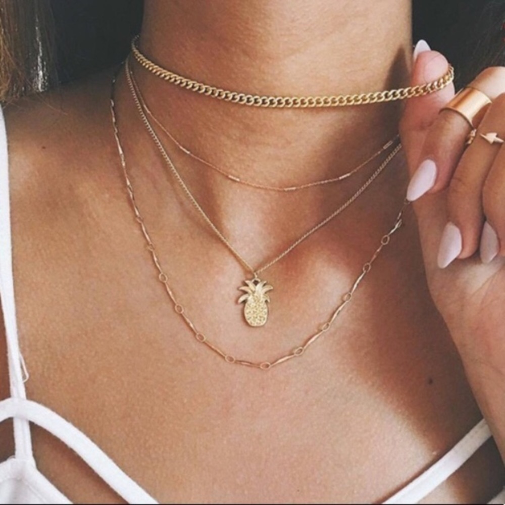 🍍 Awesome 4 chain layered BoHo pineapple fruit necklace - Picture 1 of 2